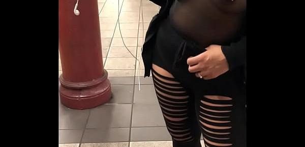  Wife in see through short no bra walking through the city